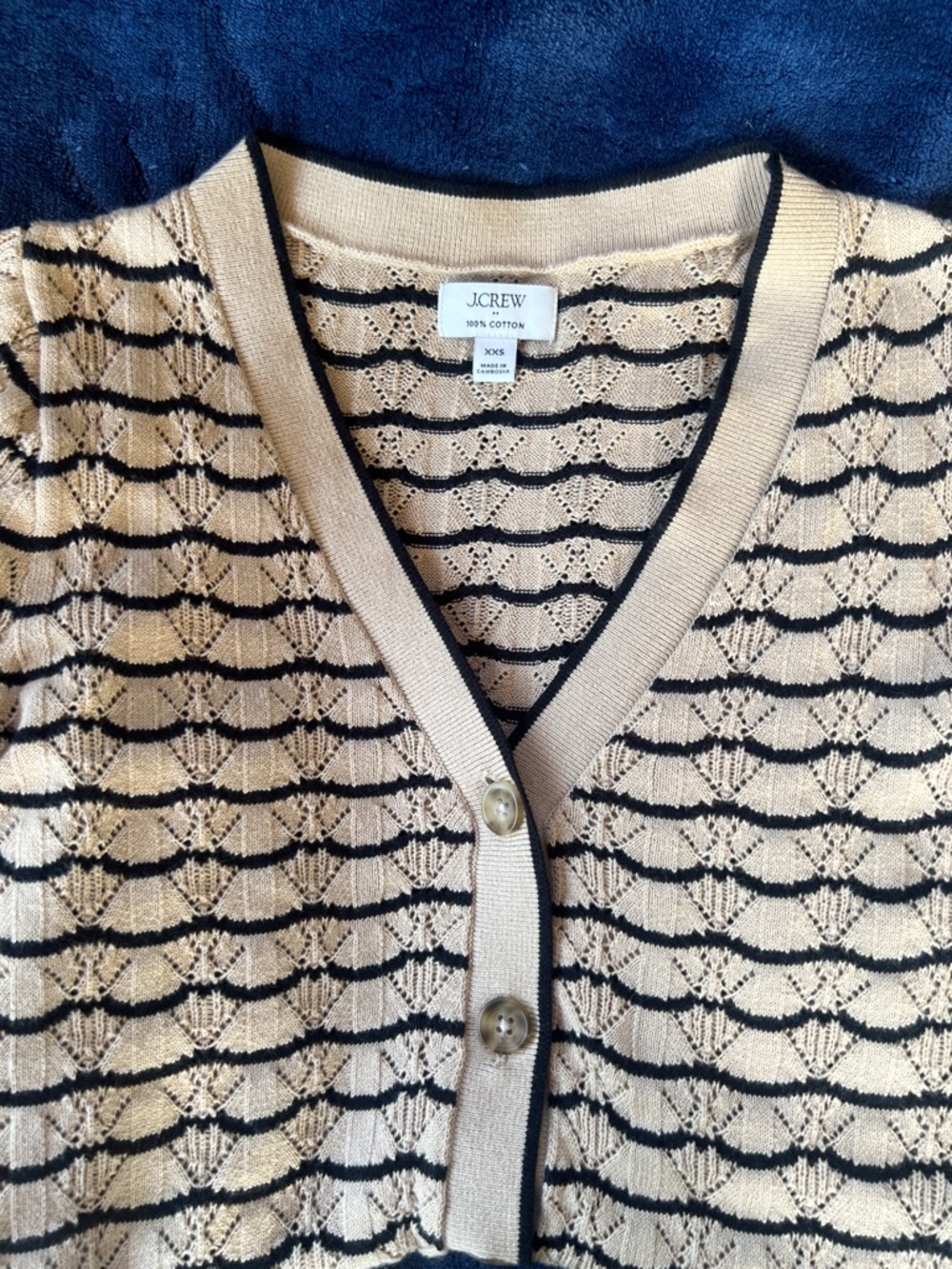 J. Crew Beige Short-Sleeve V-Neck Cardigan with Black Stripe